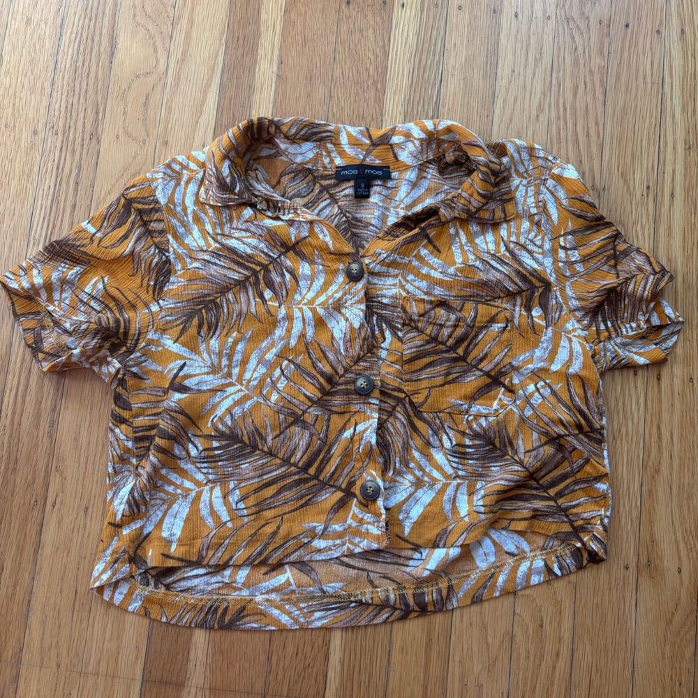 Women's moa moa Orange & Brown Leaf Print Button Down Shirt S - Picture 2 of 3